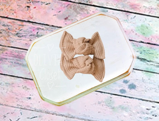 Oatmeal Knot Pigtail Hair Bow- organic waffle knit