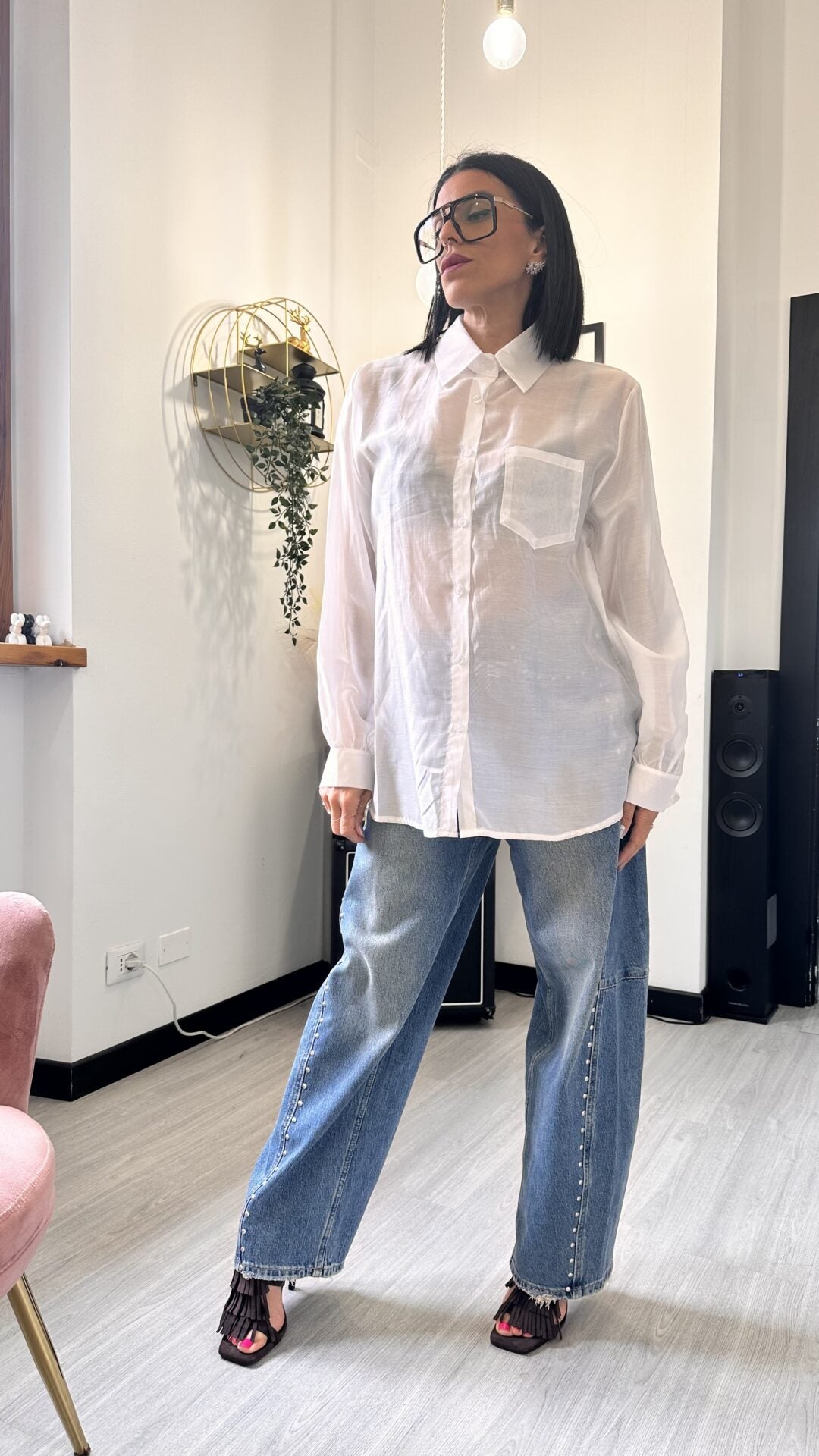 CAMICIA OVER VELATA CON FIOCCHI BIANCA