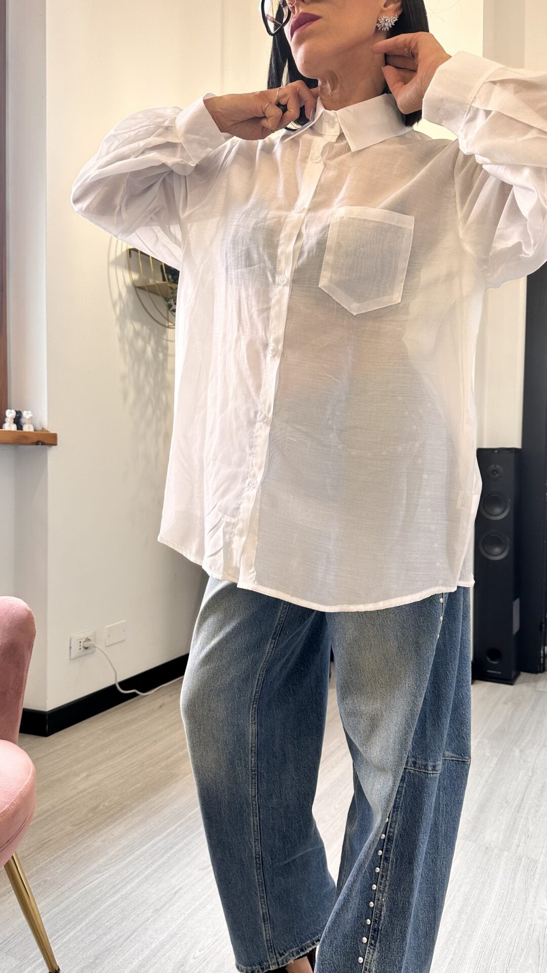 CAMICIA OVER VELATA CON FIOCCHI BIANCA