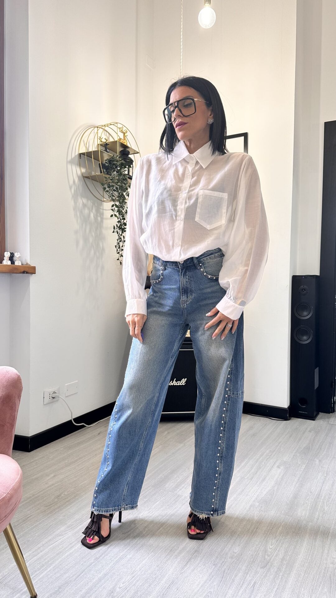 CAMICIA OVER VELATA CON FIOCCHI BIANCA