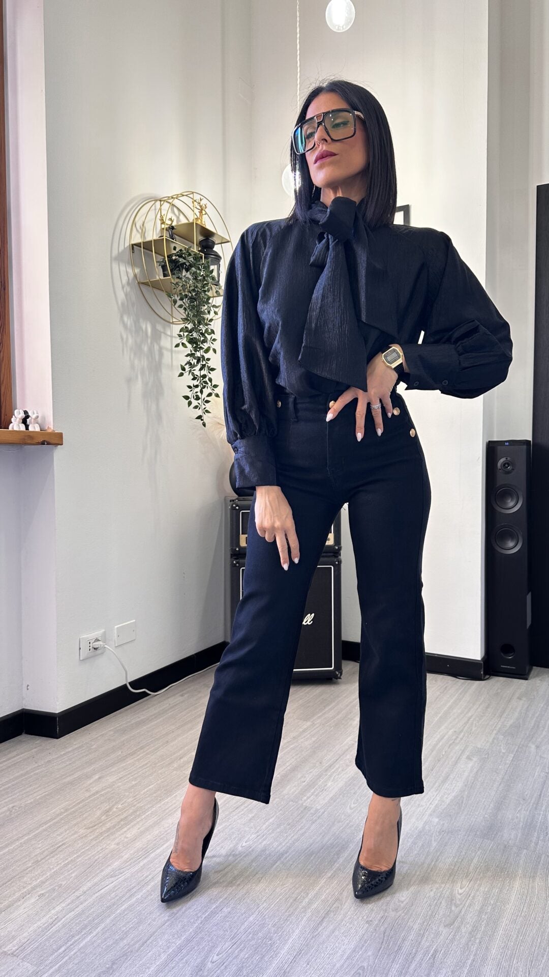 CAMICIA SATIN CON FIOCCO NERA