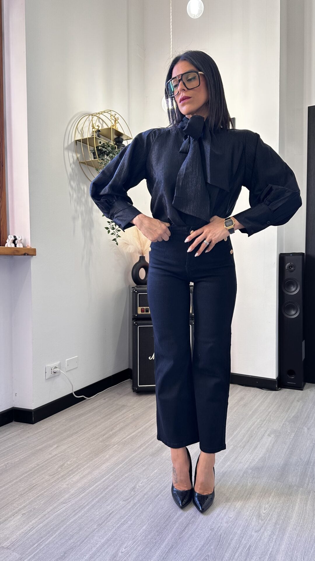 CAMICIA SATIN CON FIOCCO NERA
