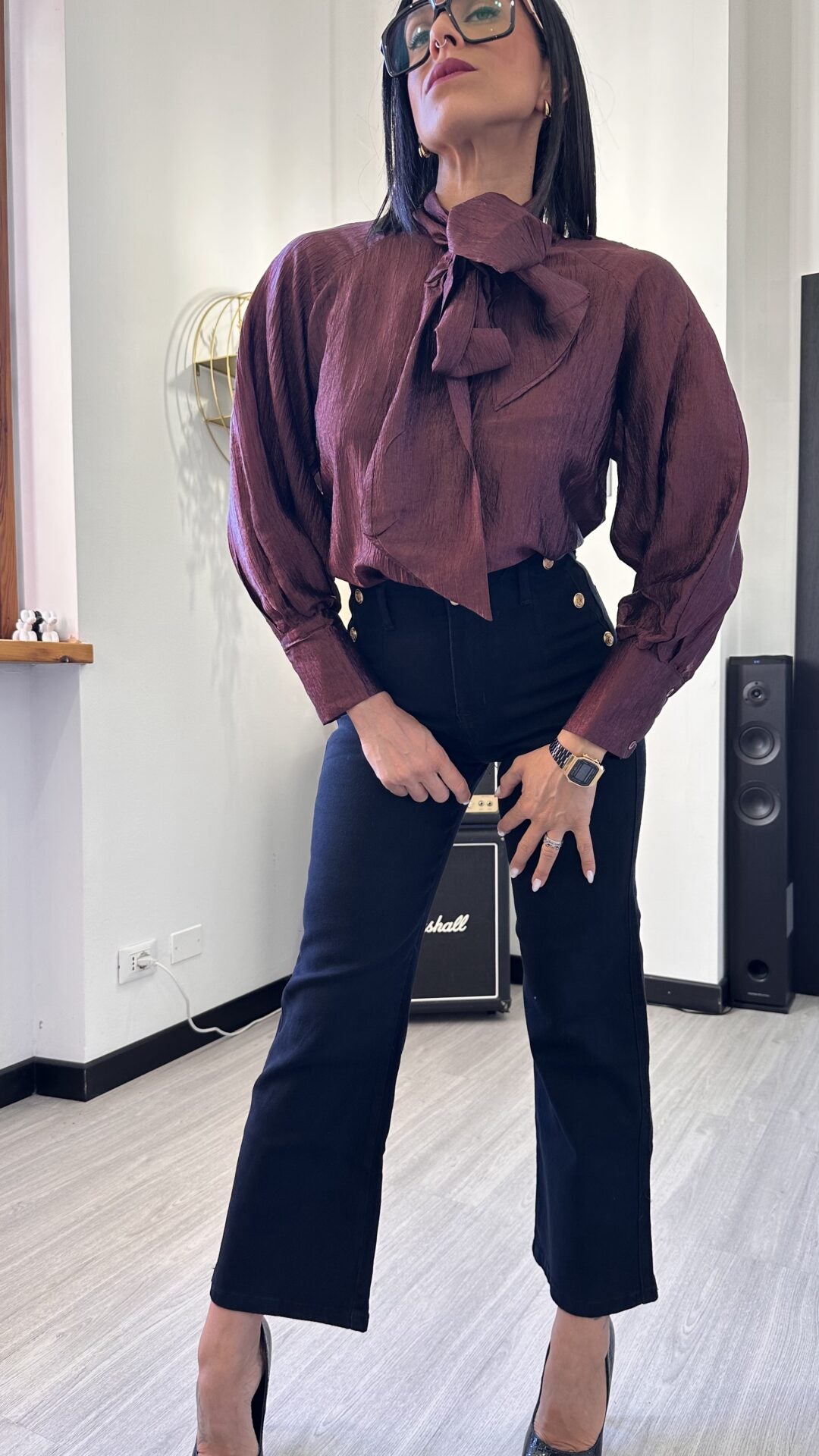 CAMICIA SATIN CON FIOCCO BORDEAUX