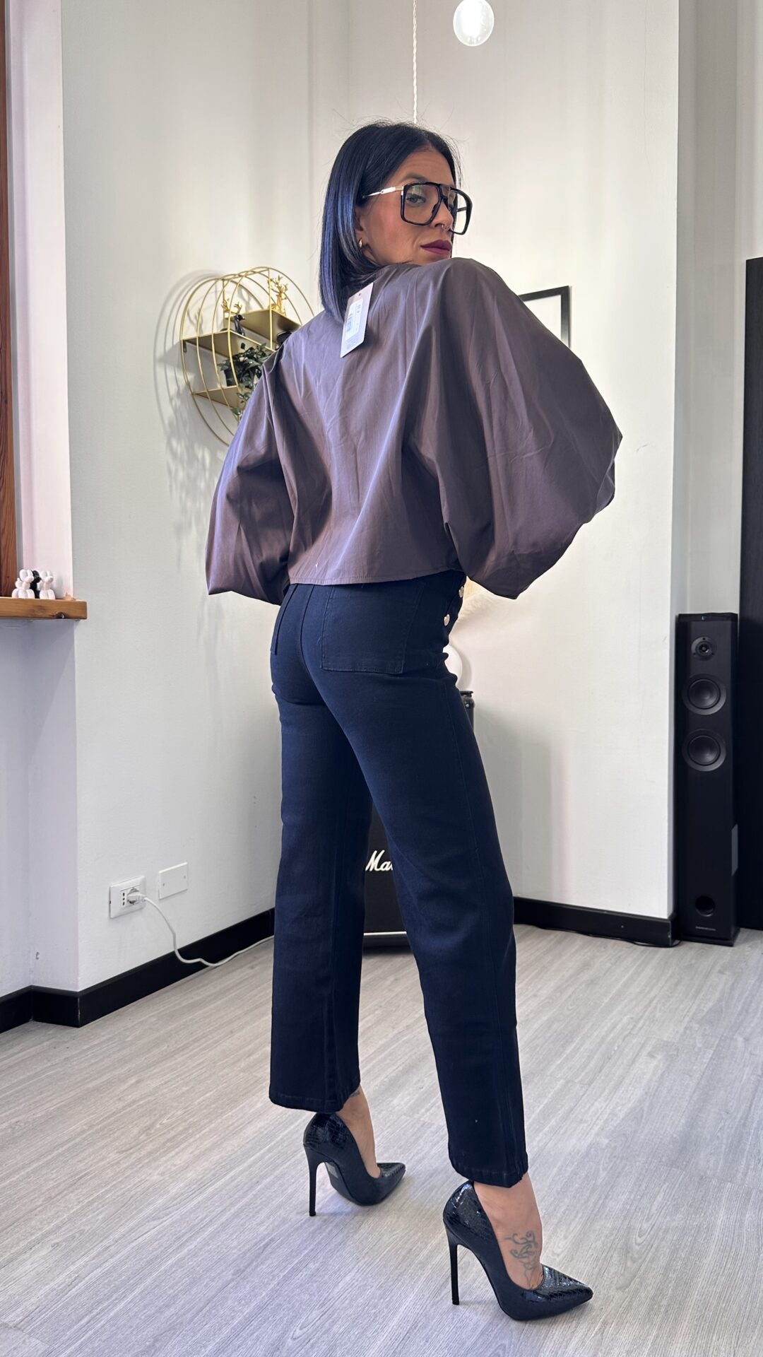 CAMICIA OVER CORTA MANICA PALLONCINO MARRONE