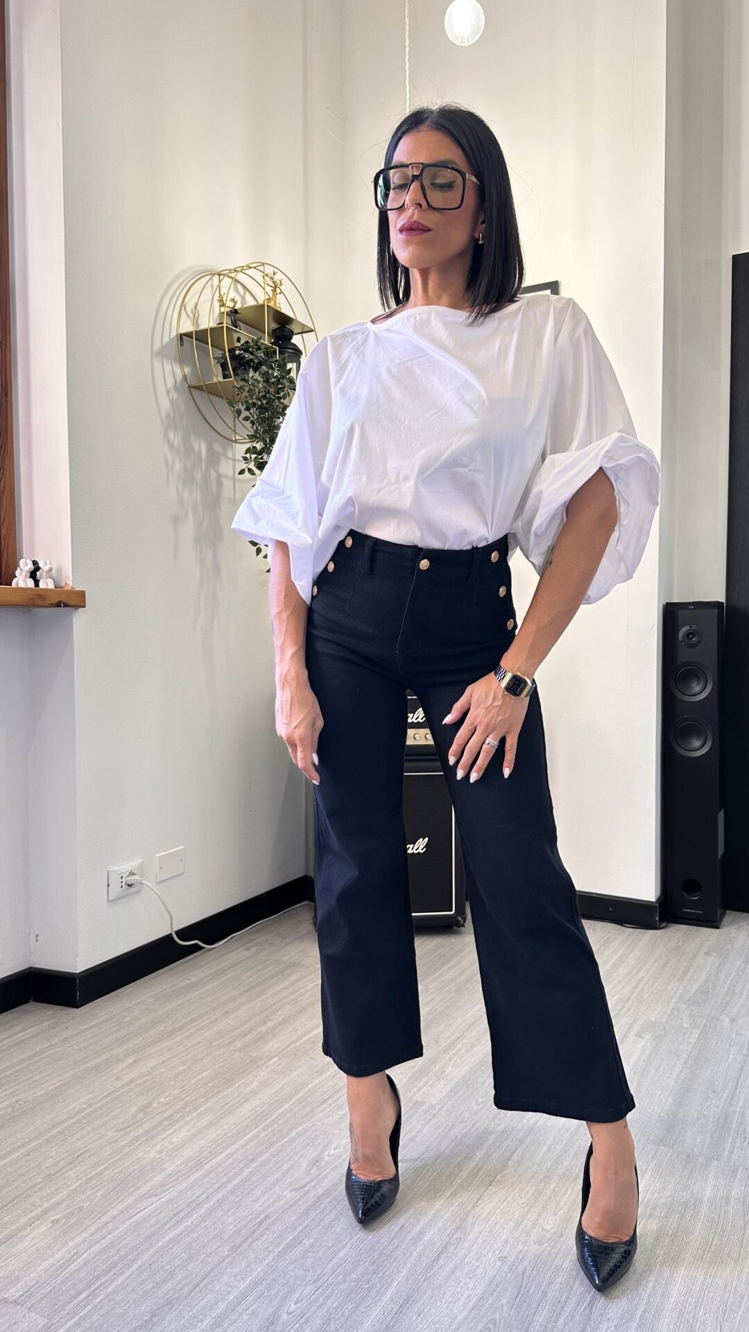 CAMICIA OVER CORTA MANICA PALLONCINO BIANCA