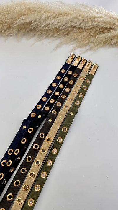 CINTURA SCAMOSCIATA CON OCCHIELLI ORO