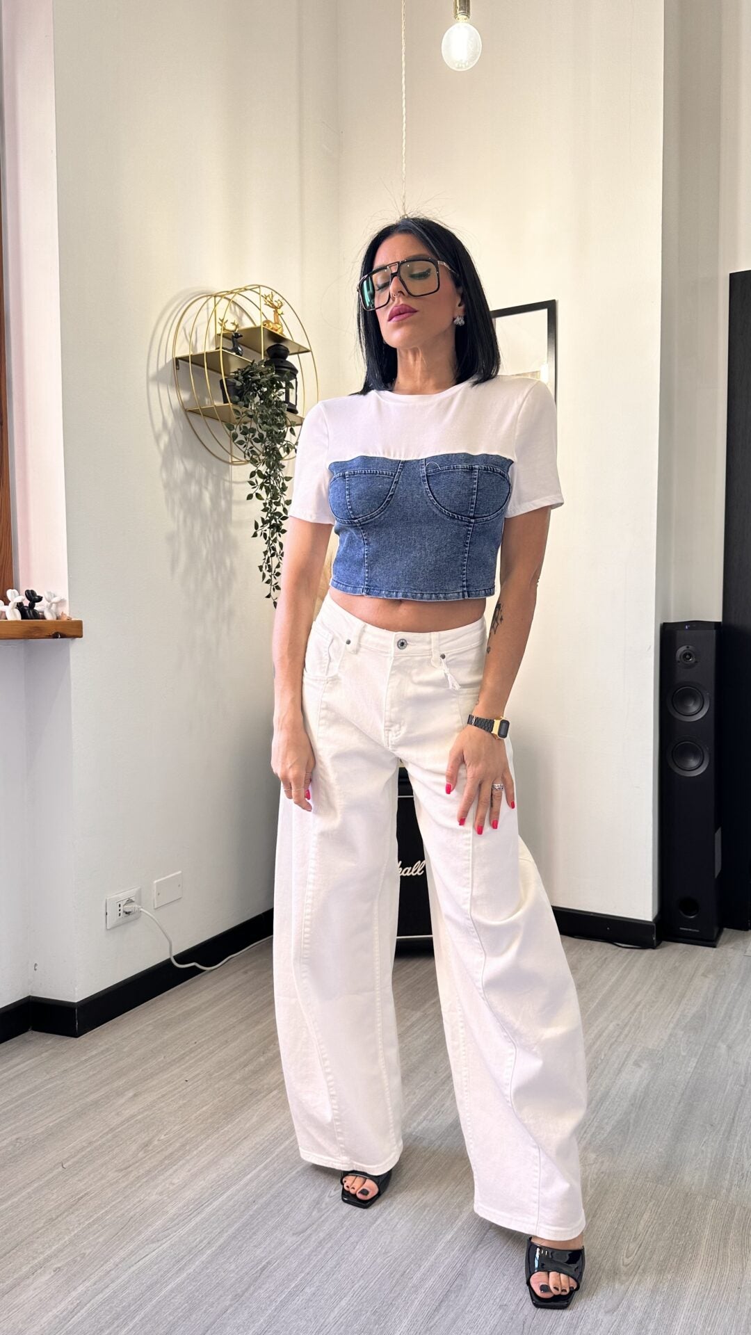 T-SHIRT CROP CORSETTO JEANS SCURO