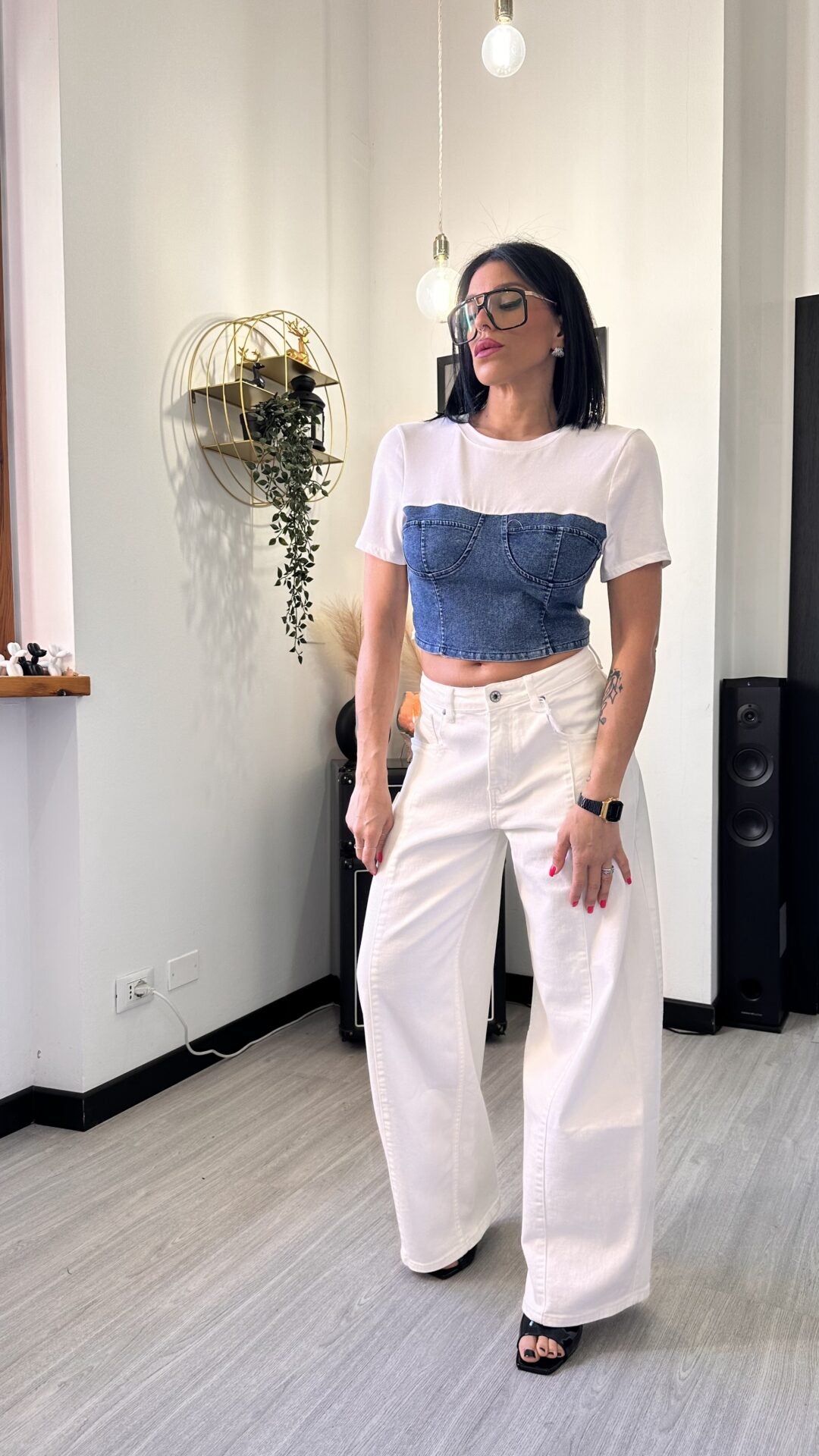 T-SHIRT CROP CORSETTO JEANS SCURO