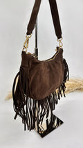 BORSA SCAMOSCIATA CON FRANGE MARRONE