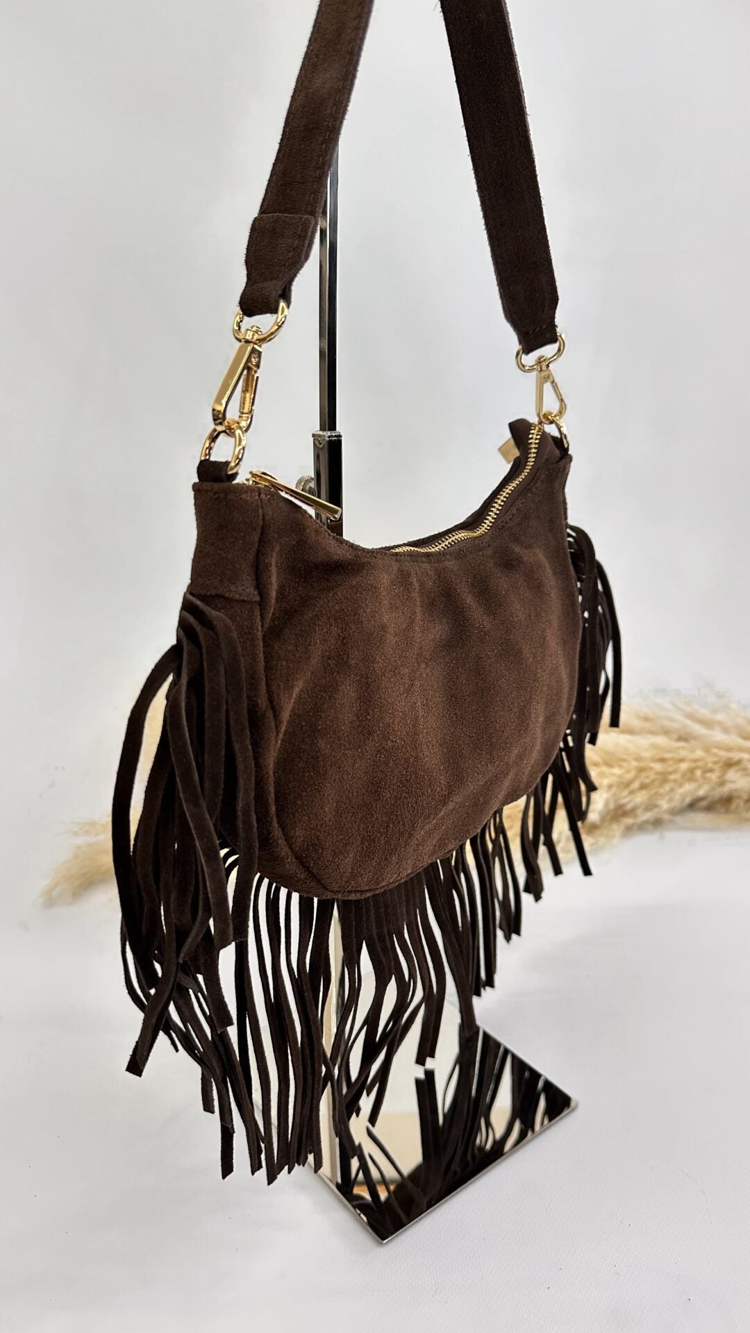 BORSA SCAMOSCIATA CON FRANGE MARRONE