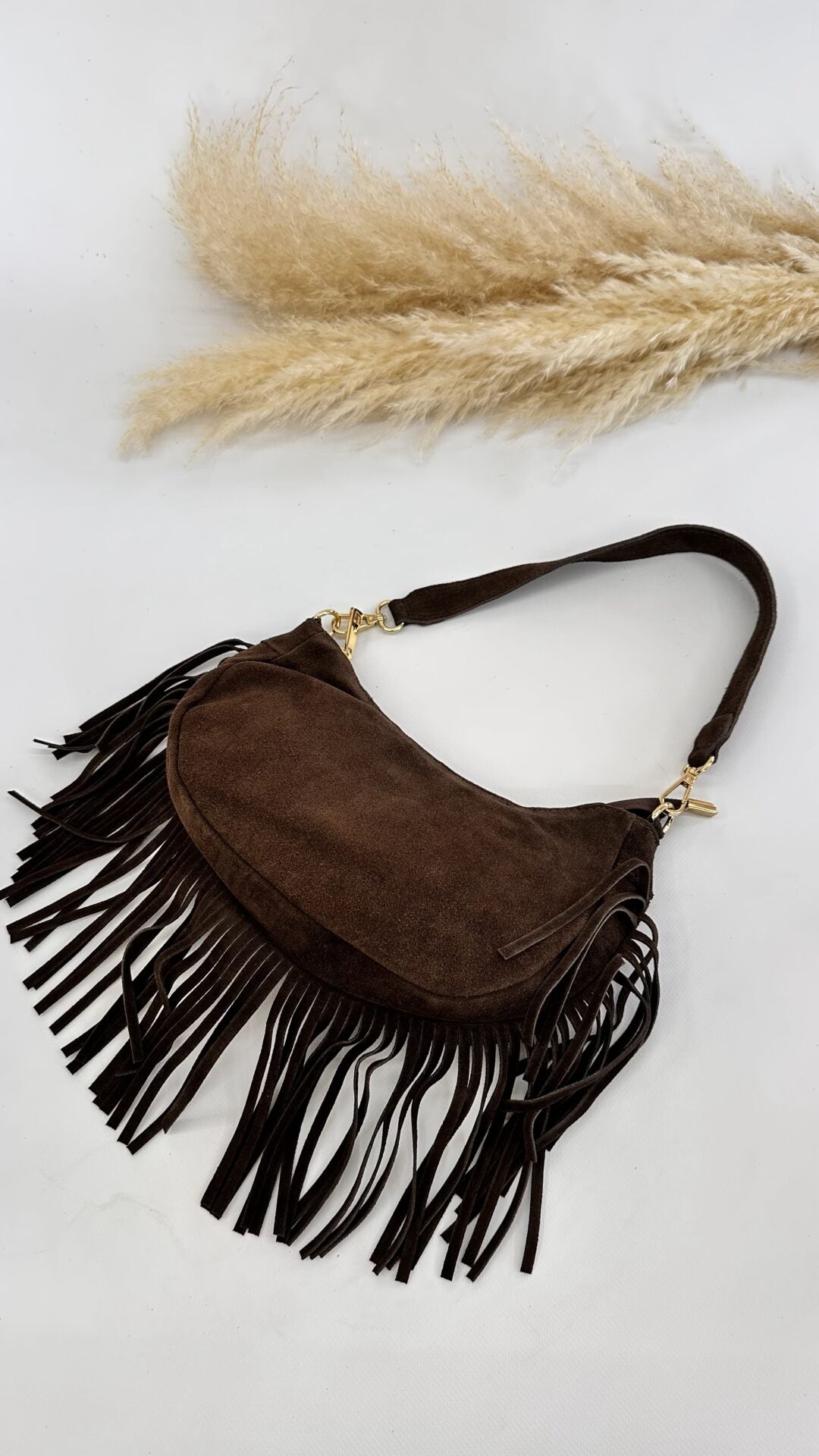 BORSA SCAMOSCIATA CON FRANGE MARRONE