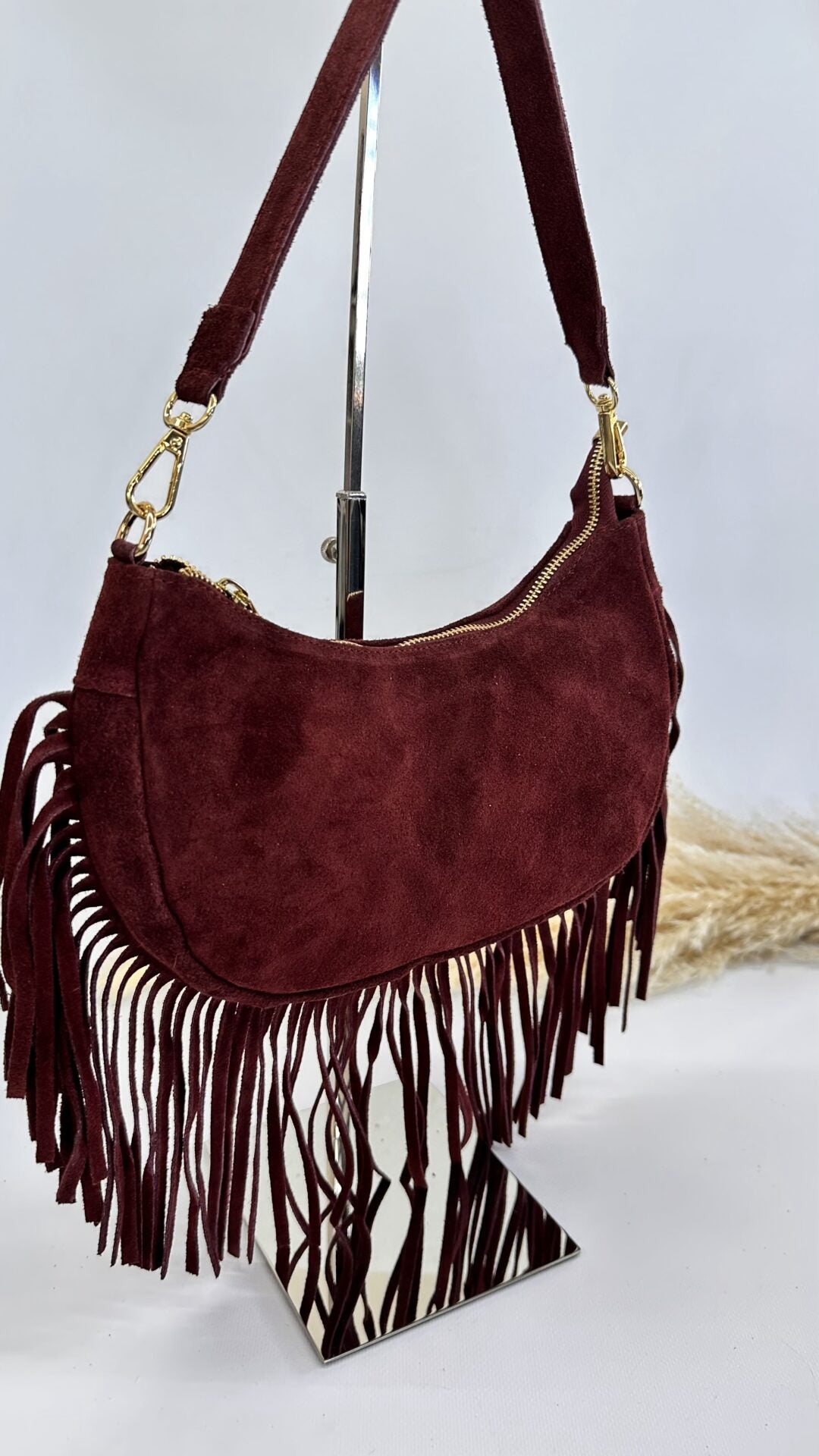 BORSA SCAMOSCIATA CON FRANGE BORDEAUX