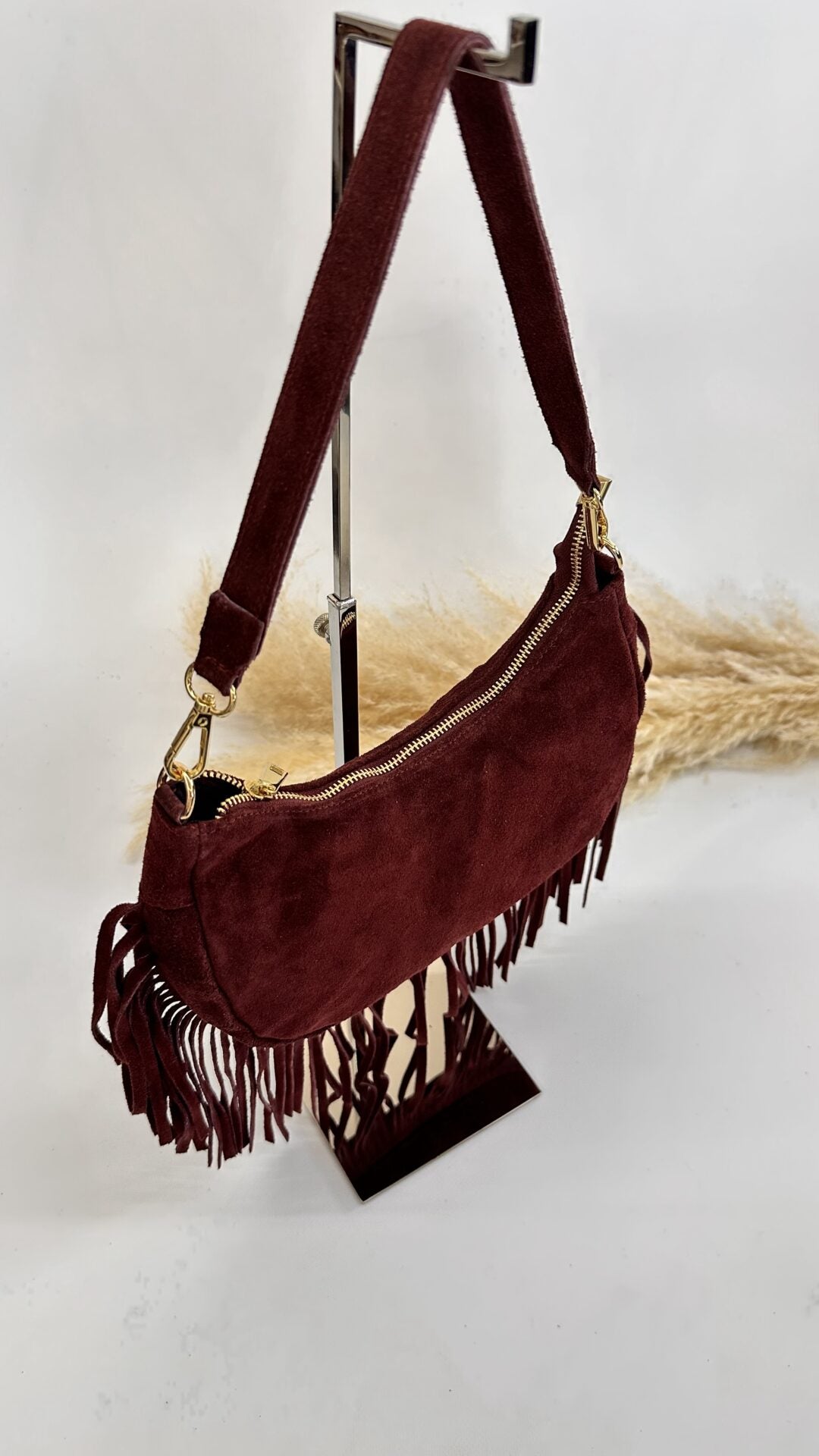 BORSA SCAMOSCIATA CON FRANGE BORDEAUX