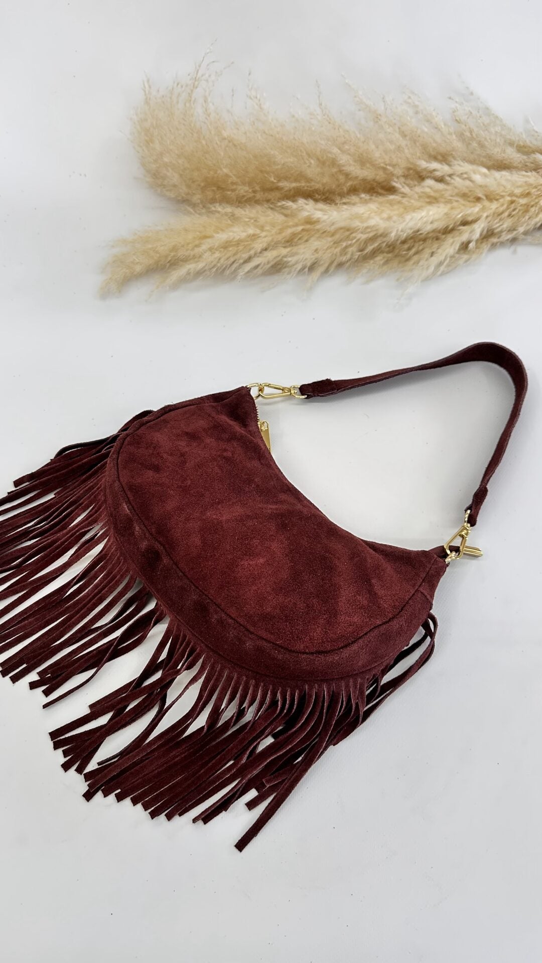 BORSA SCAMOSCIATA CON FRANGE BORDEAUX
