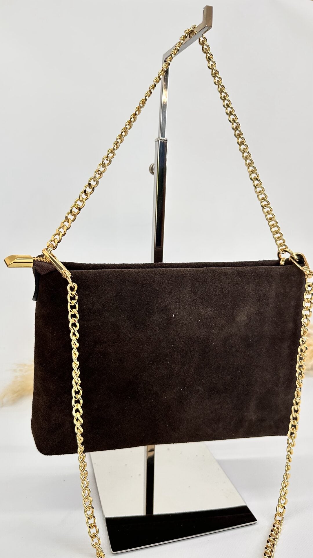 POCHETTE SCAMOSCIATA CON CATENELLA BROWN
