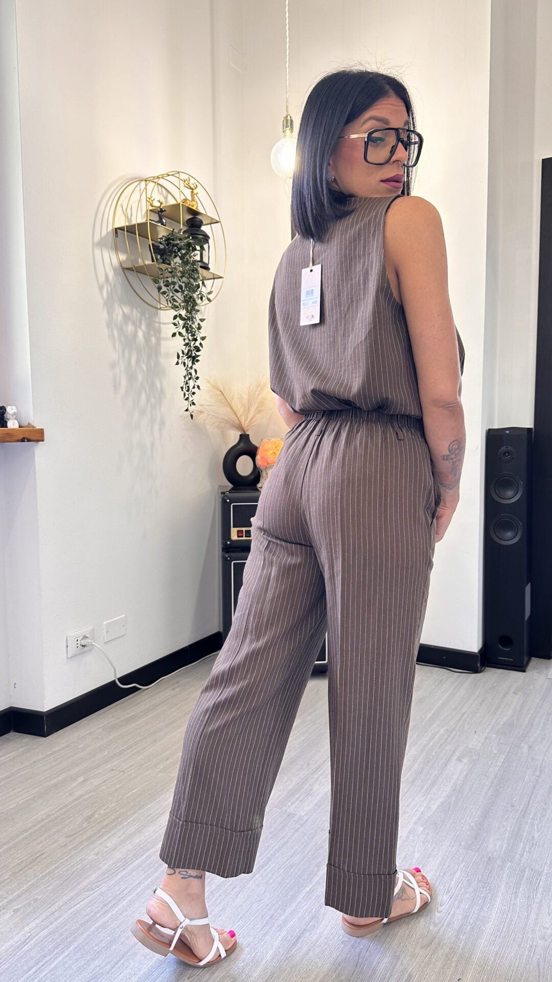 COORDINATO RIGATO MARRONE IN LINO