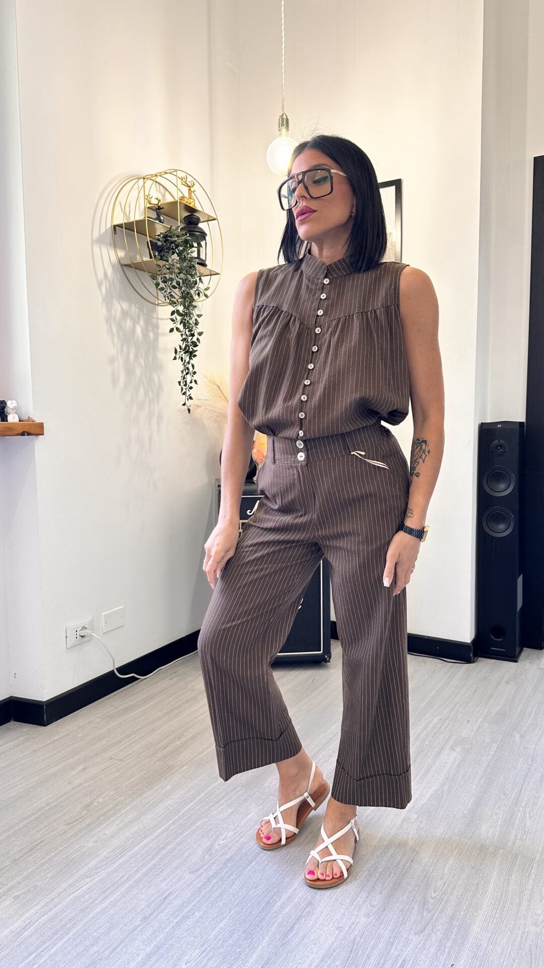 COORDINATO RIGATO MARRONE IN LINO
