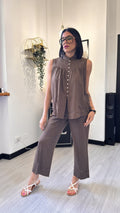 COORDINATO RIGATO MARRONE IN LINO