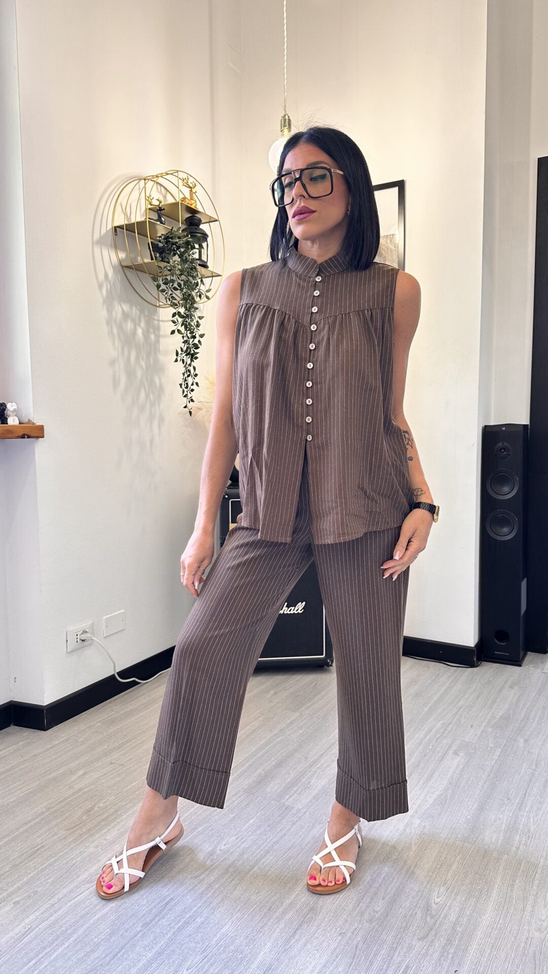 COORDINATO RIGATO MARRONE IN LINO