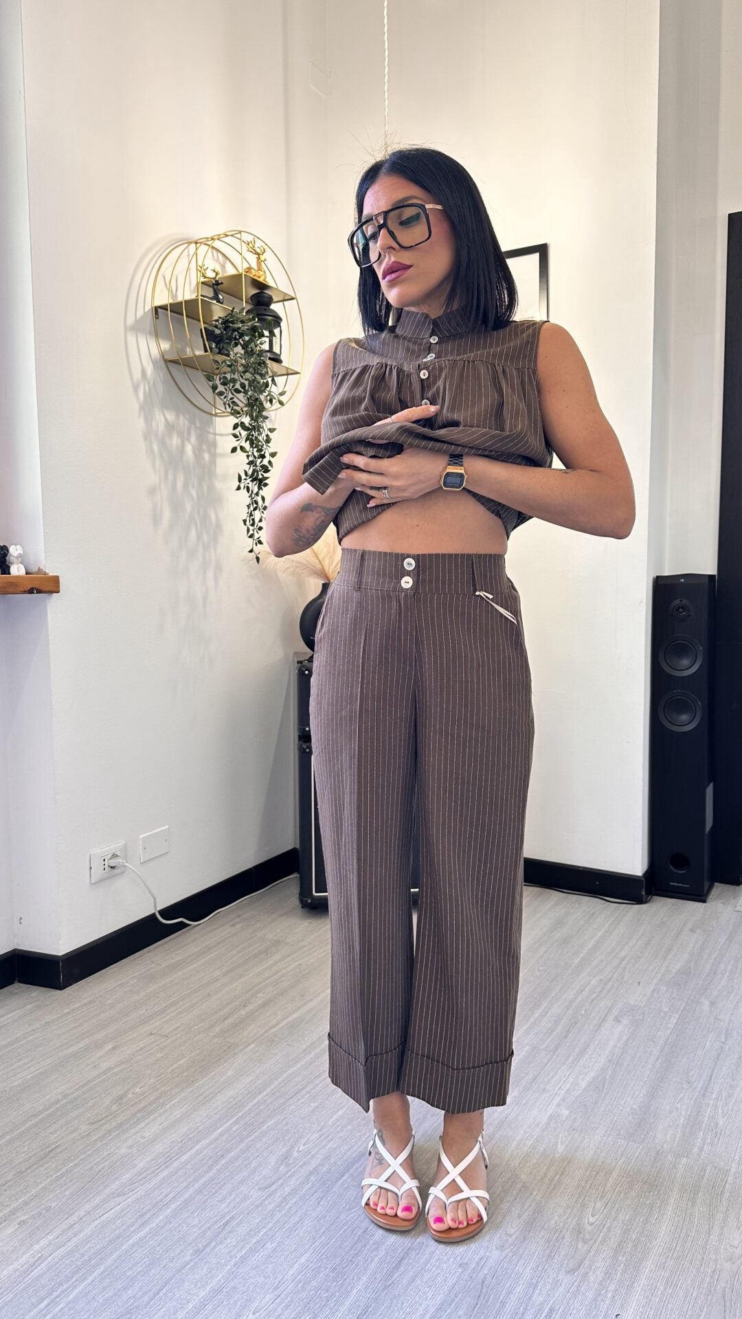 COORDINATO RIGATO MARRONE IN LINO