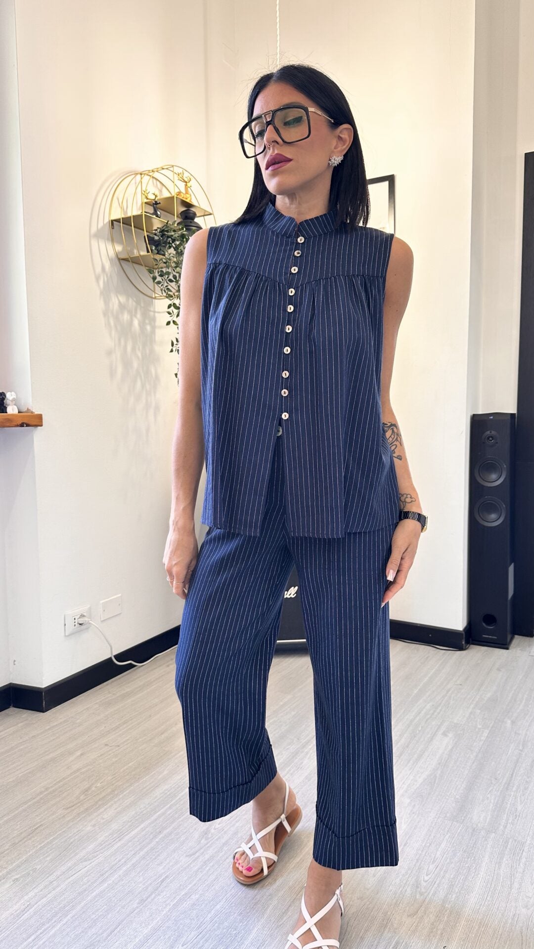 COORDINATO RIGATO BLU IN LINO