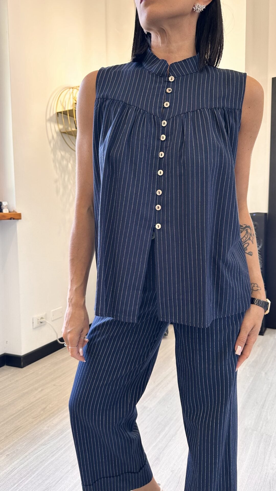 COORDINATO RIGATO BLU IN LINO