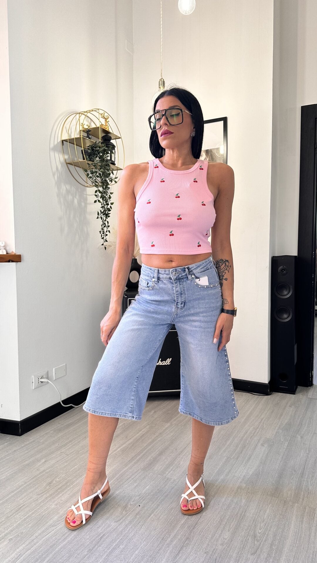TOP CANOTTA CON CILIEGIE ROSA