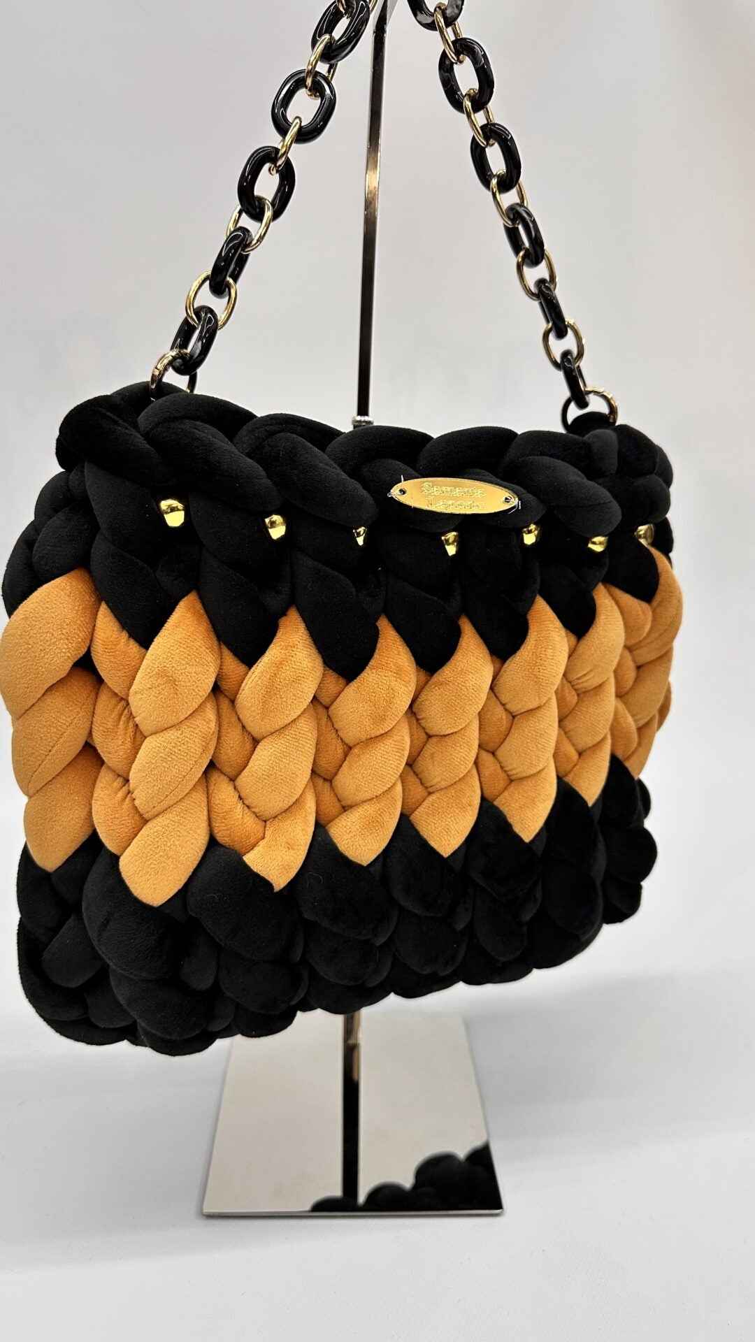 BORSA INTRECCIATA BLACK CARAMEL CON CATENA