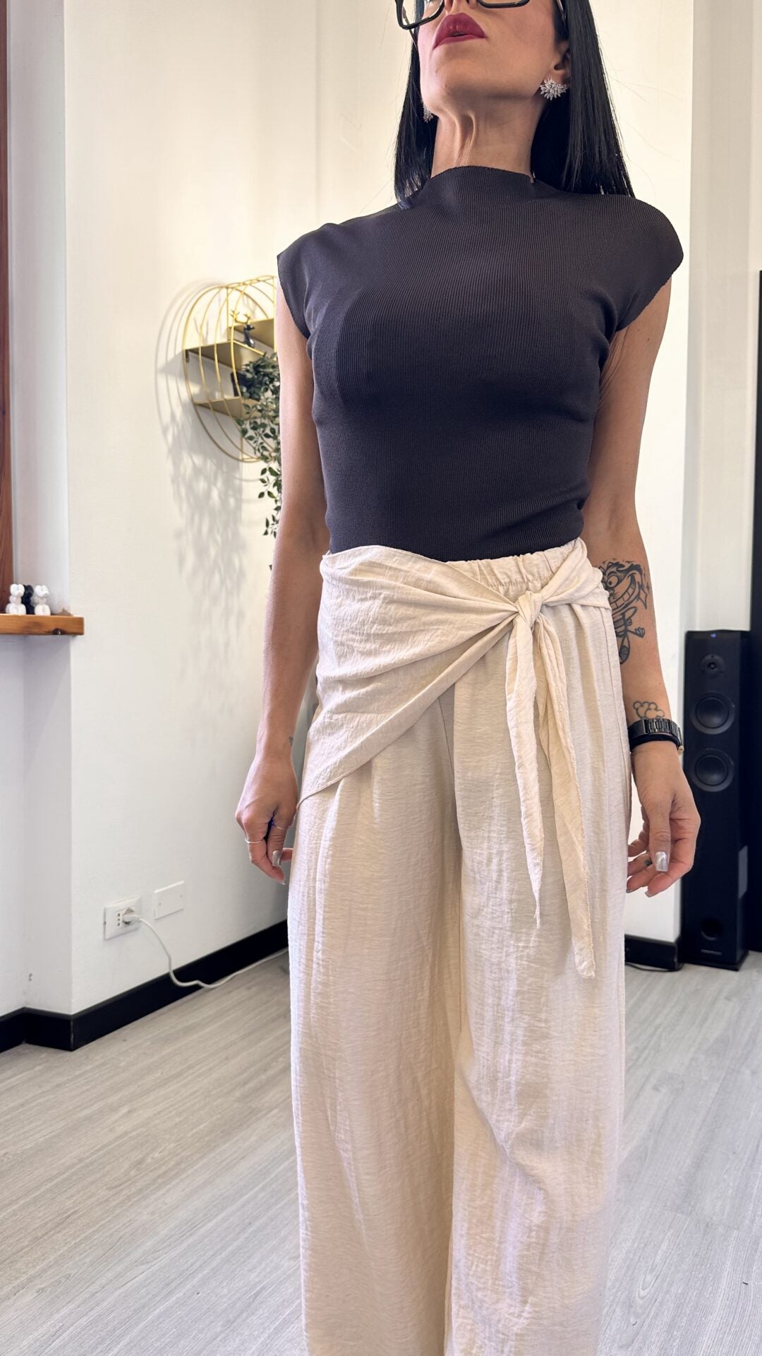 PANTALONE IN LINO CON PAREO BEIGE