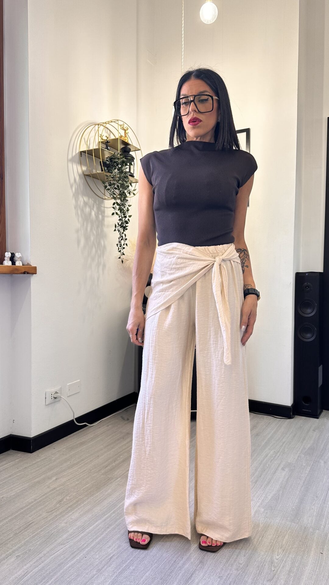 PANTALONE IN LINO CON PAREO BEIGE