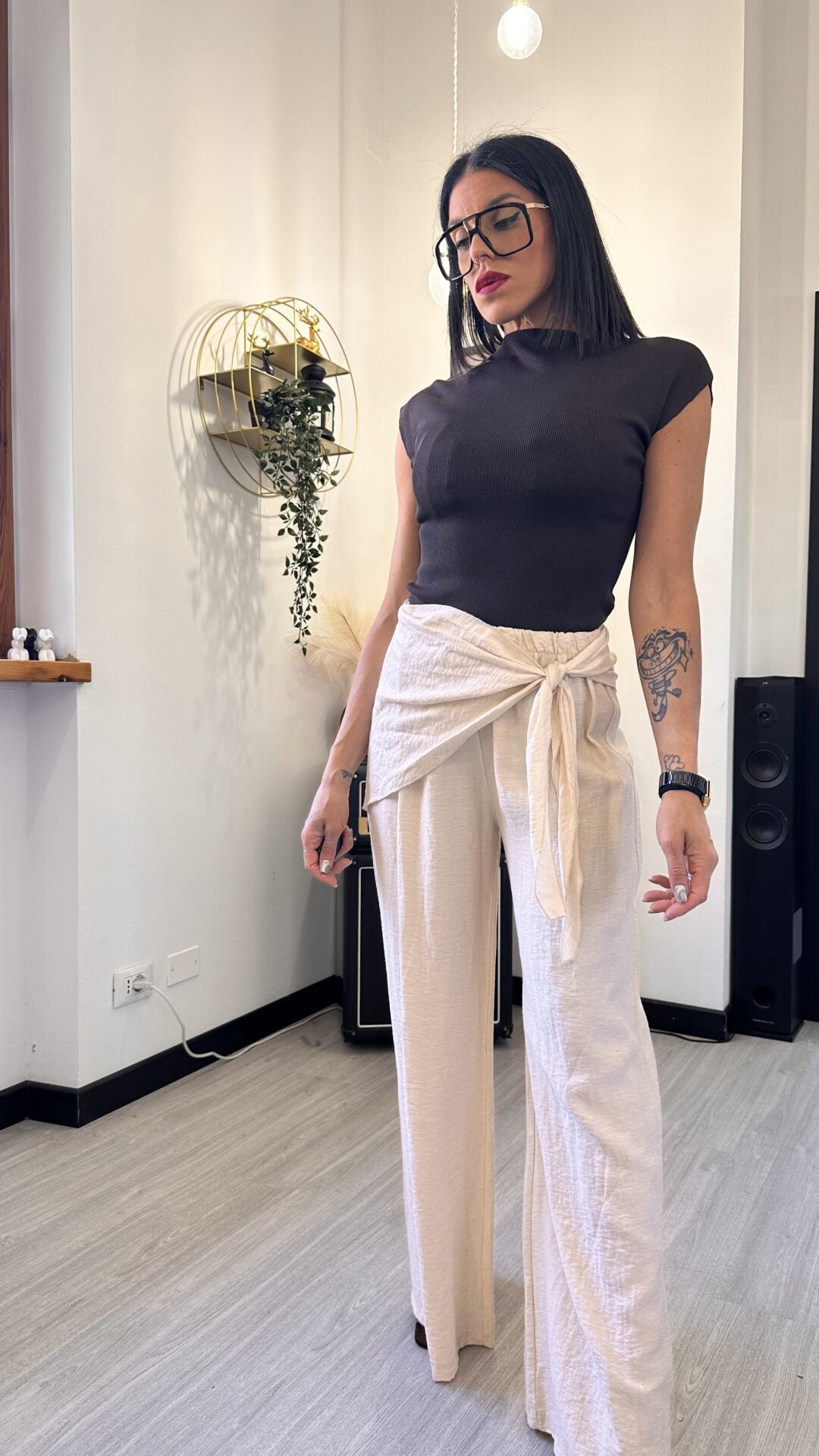 PANTALONE IN LINO CON PAREO BEIGE