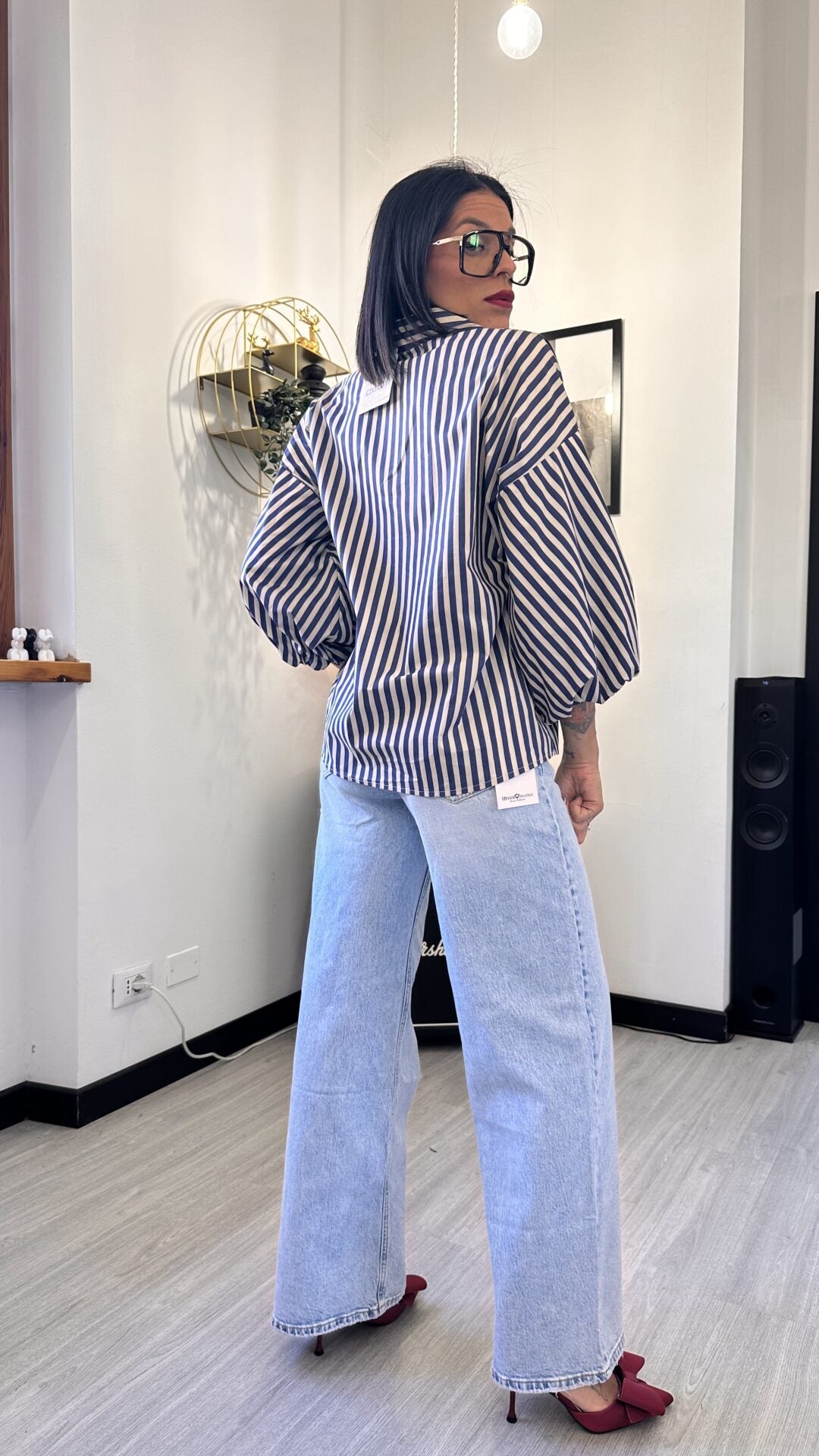 CAMICIA MANICA PALLONCINO A RIGHE BLU
