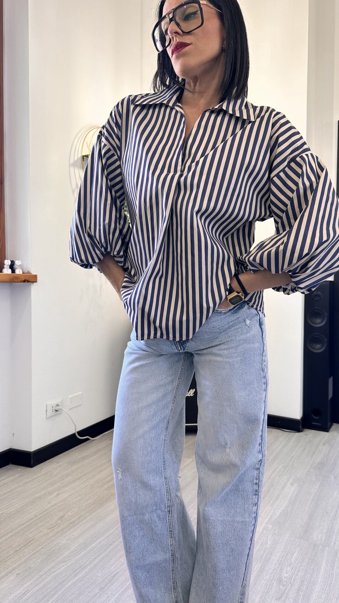 CAMICIA MANICA PALLONCINO A RIGHE BLU