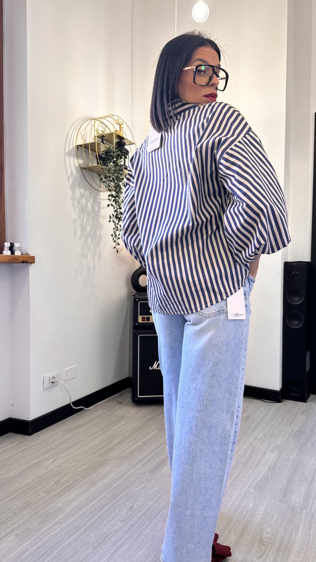 CAMICIA MANICA PALLONCINO A RIGHE BLU