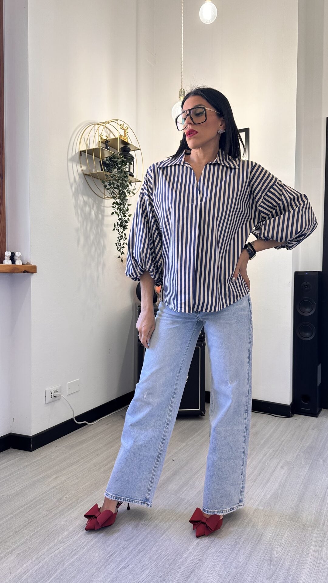 CAMICIA MANICA PALLONCINO A RIGHE BLU