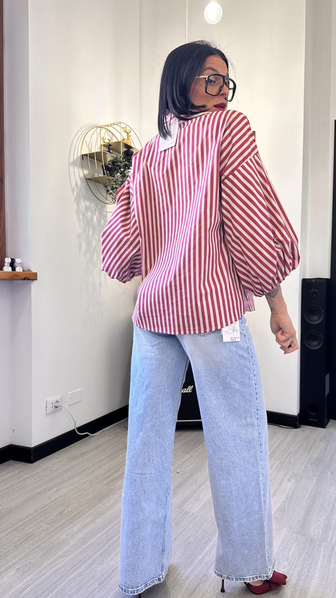 CAMICIA MANICA PALLONCINO A RIGHE ROSSA