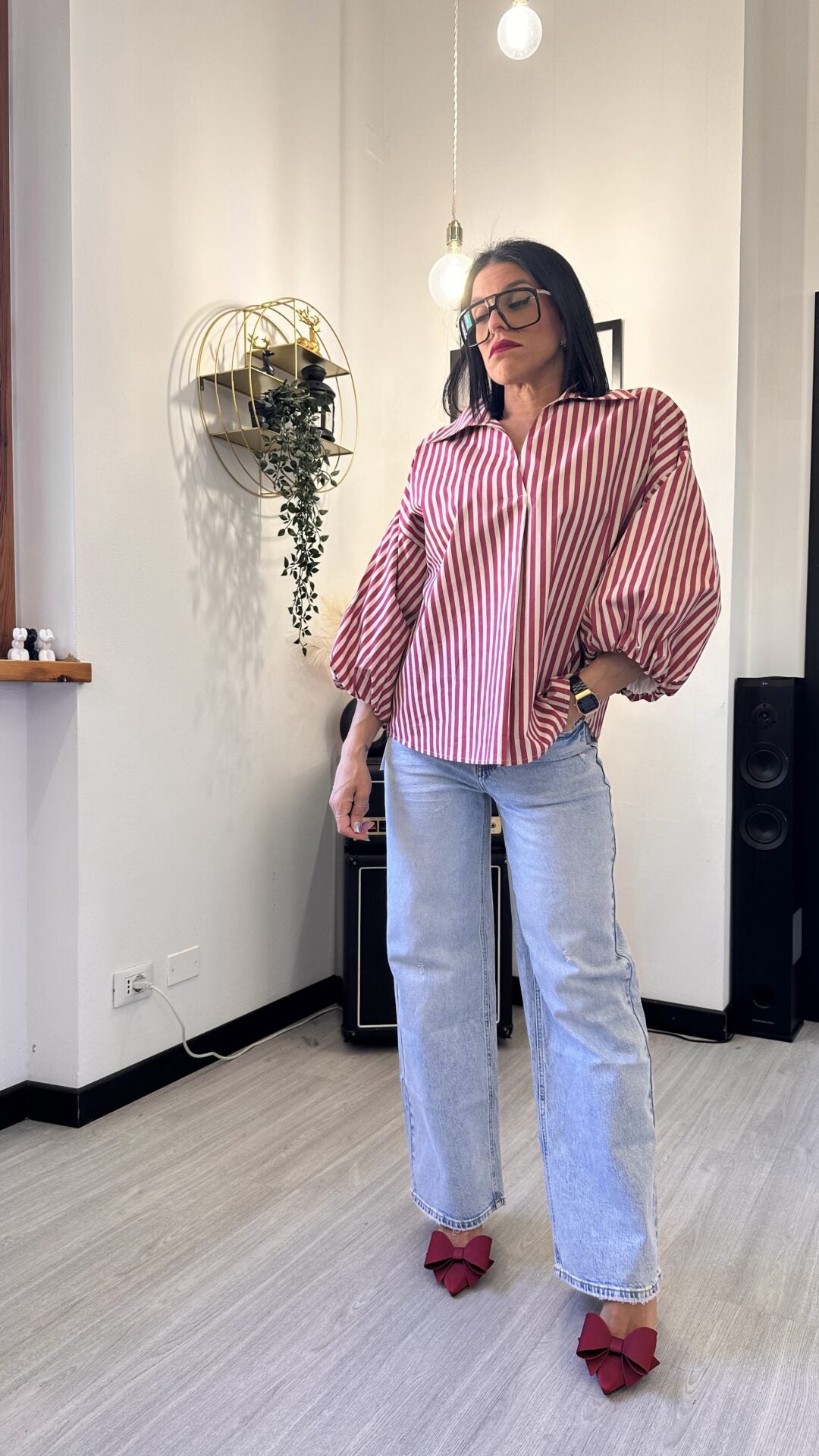 CAMICIA MANICA PALLONCINO A RIGHE ROSSA