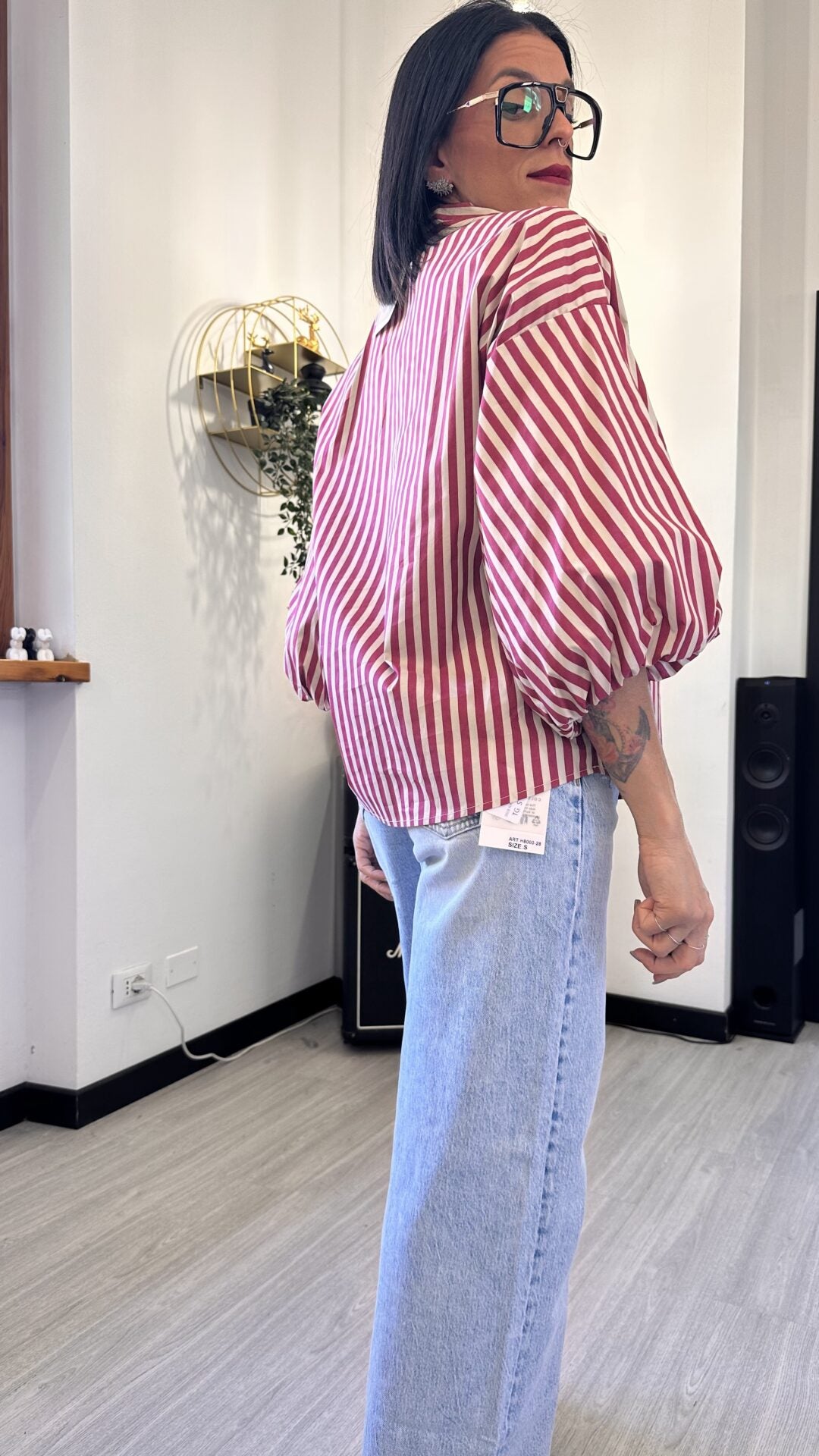 CAMICIA MANICA PALLONCINO A RIGHE ROSSA