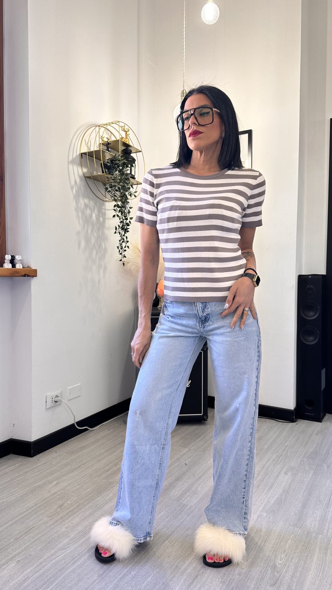 T-SHIRT IN VISCOSA A RIGHE FANGO