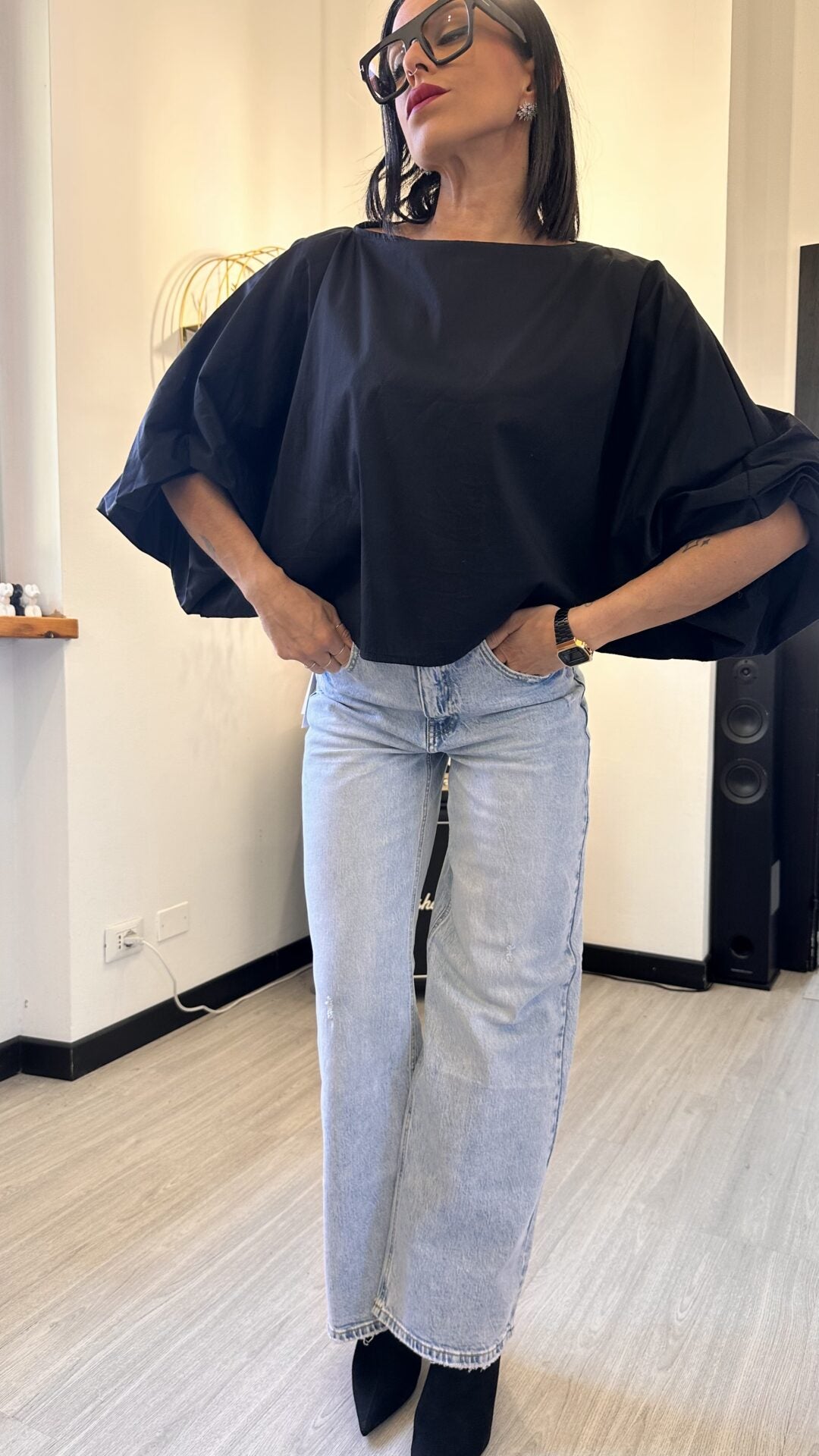 CAMICIA OVER CORTA MANICA PALLONCINO NERA
