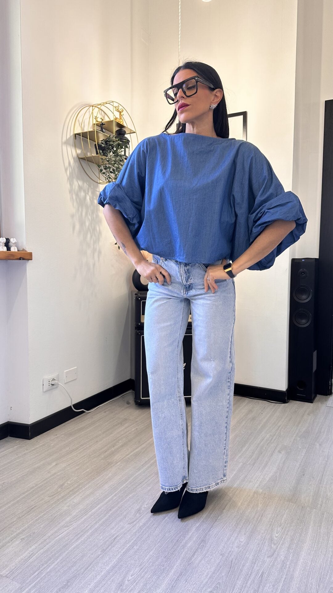 CAMICIA OVER CORTA MANICA PALLONCINO JEANS