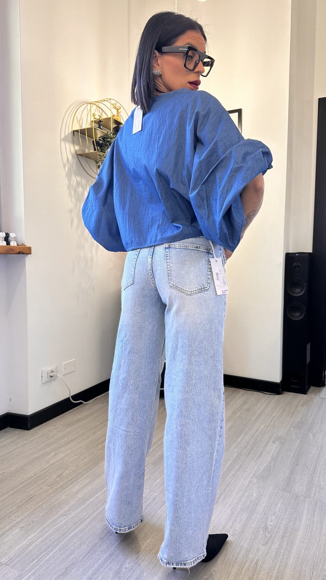CAMICIA OVER CORTA MANICA PALLONCINO JEANS