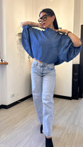 CAMICIA OVER CORTA MANICA PALLONCINO JEANS