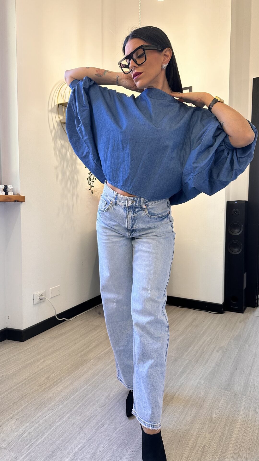 CAMICIA OVER CORTA MANICA PALLONCINO JEANS