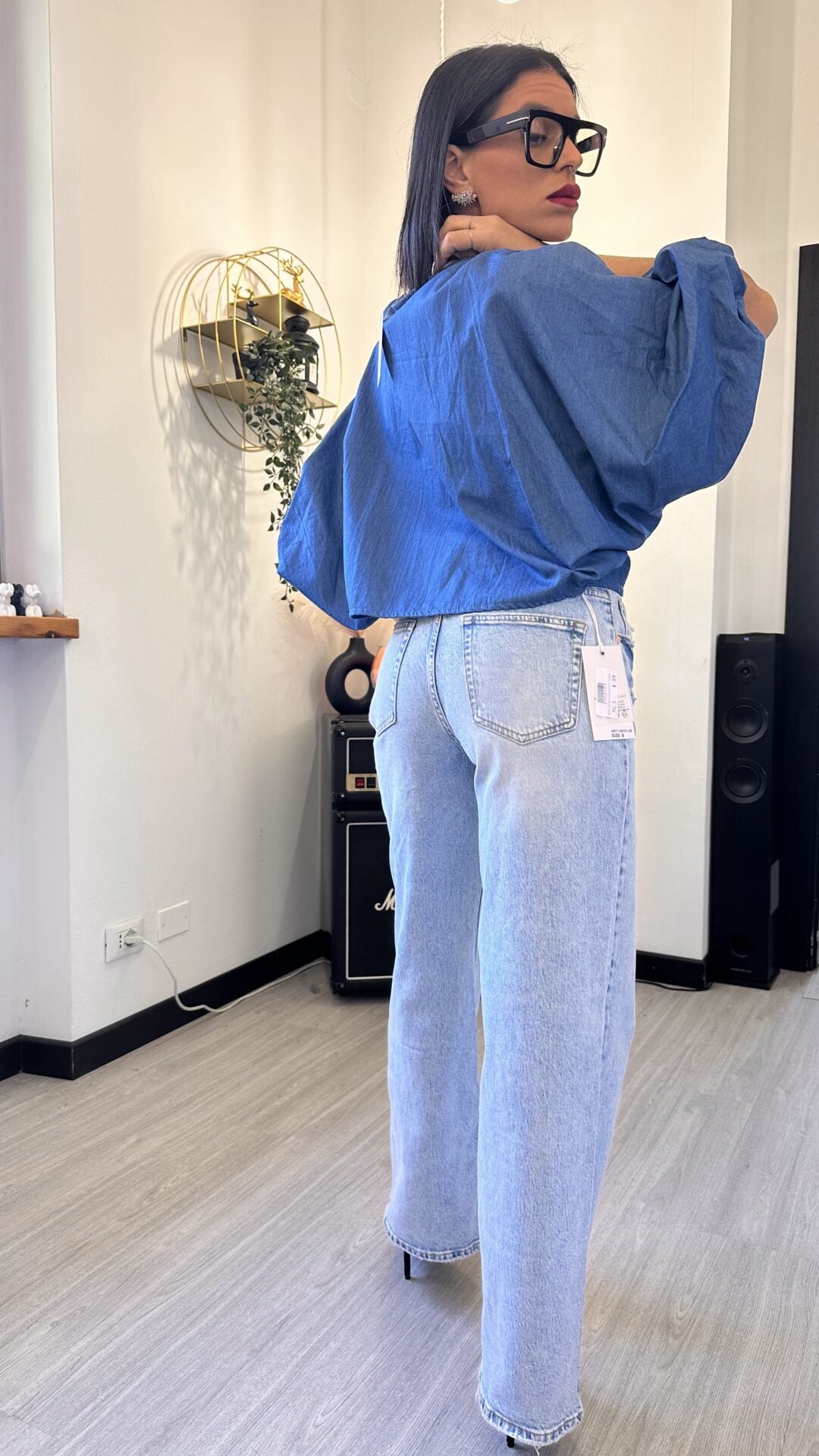 CAMICIA OVER CORTA MANICA PALLONCINO JEANS