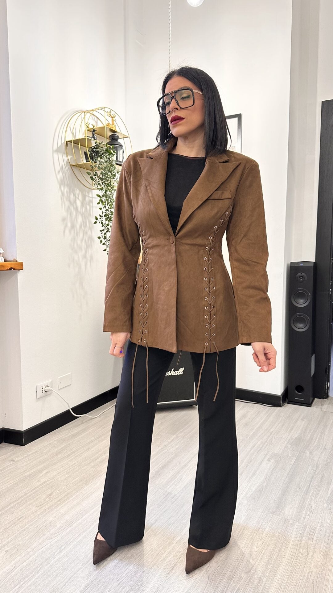 GIACCA CON INTRECCI LATERALI SCAMOSCIATA BROWN