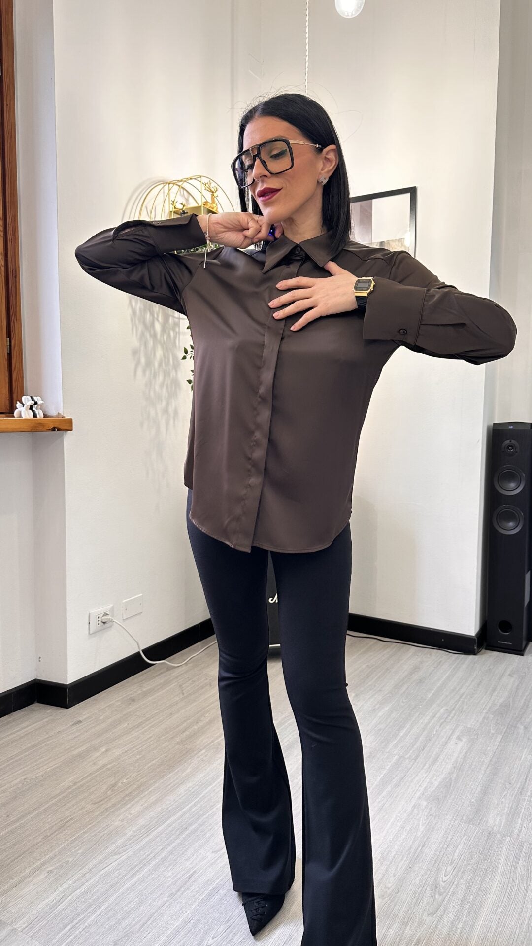 CAMICIA SIMIL RASO LISCIA MARRONE