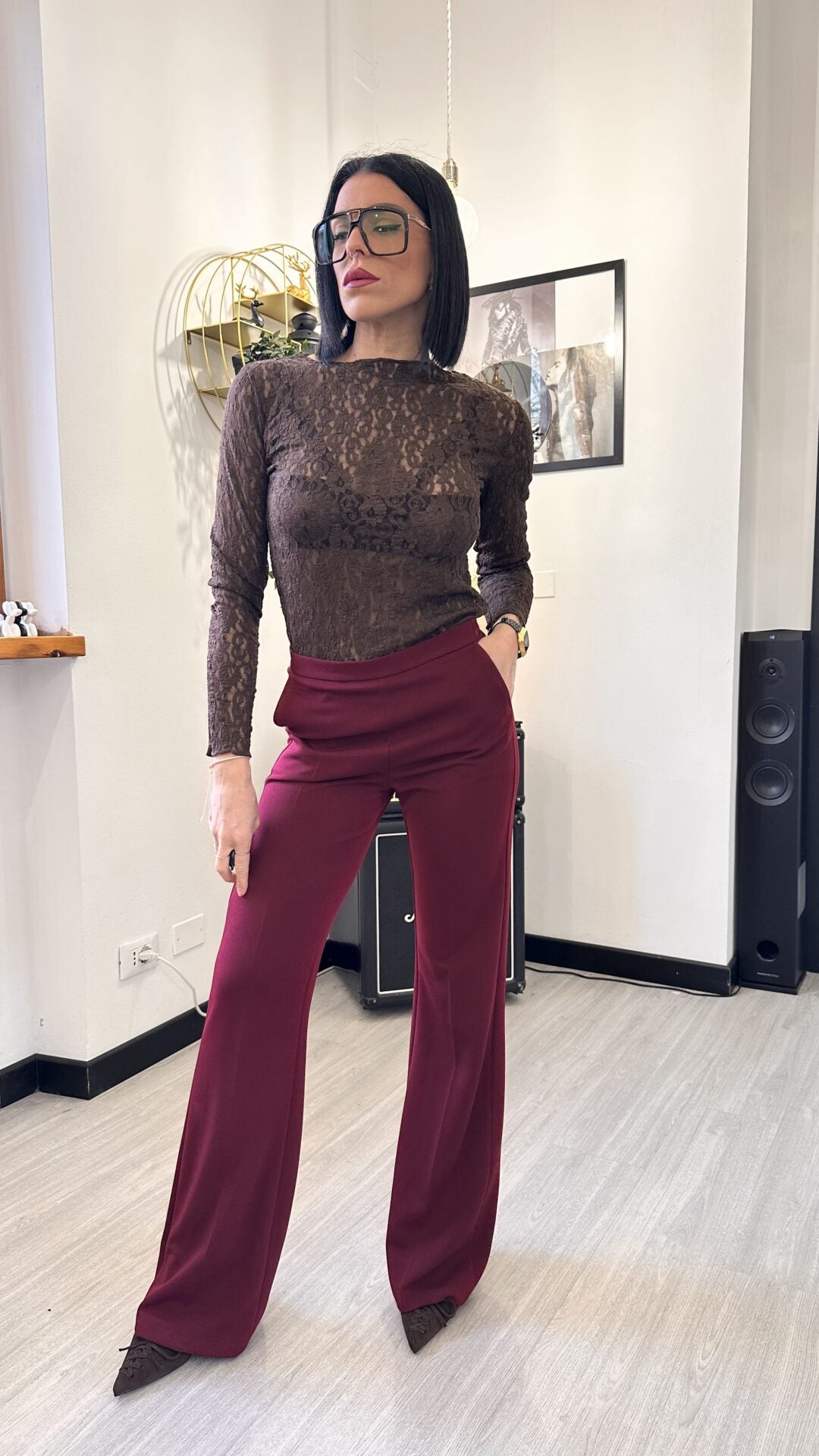 MAGLIA IN PIZZO GIROCOLLO MARRONE