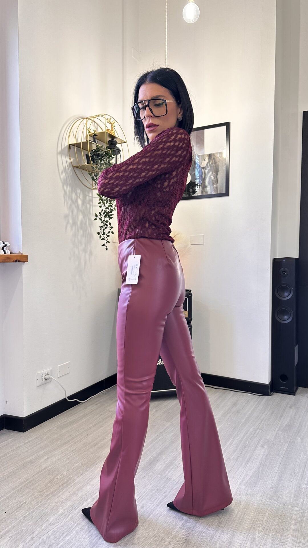 PANTALONE A ZAMPA IN ECOPELLE BORDEAUX