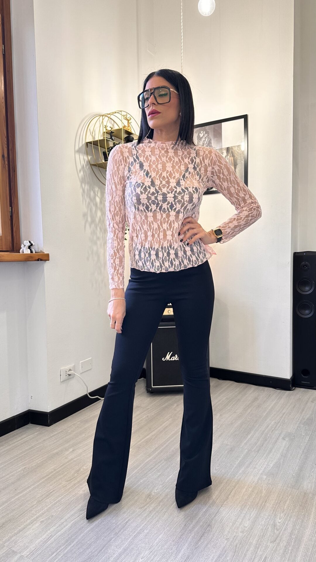 MAGLIA IN PIZZO ROSA CON COLLETTO